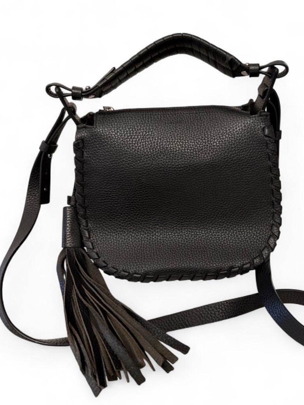 ALLSAINTS Black Pebbled Leather Fringe Saddle Crossbody Bag